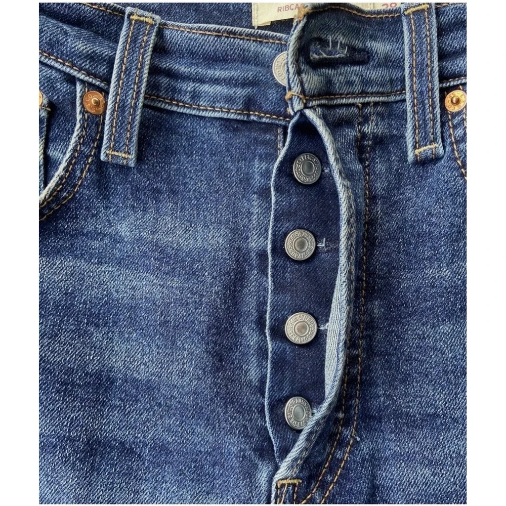Levis Premium Ribcage Straight Ankle Jeans Blue Denim Button Fly Size 30 Big E - Picture 4 of 11